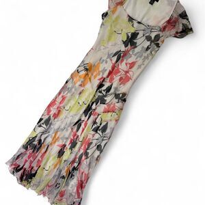 100% Silk Alfani White Floral Print Pleated Chiffon Maxi Dress Boho Size 10